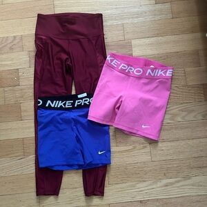 Under Armour Leggings size SM and Nike Pro shorts Size SMaroon, Pink, Blue